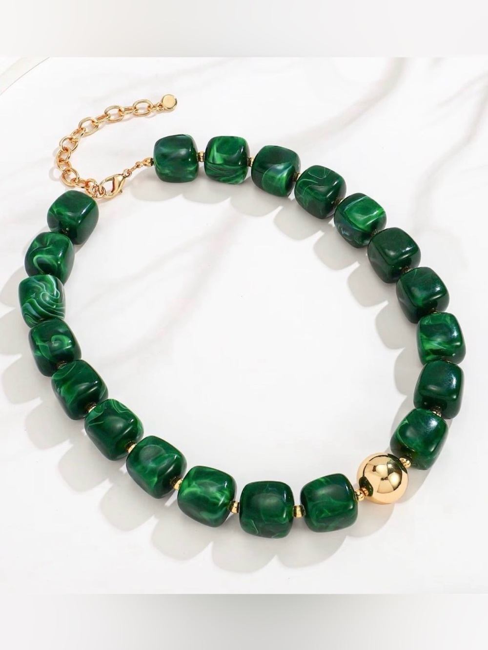 Green Beaded Necklace with Gold Accent - Picture 3 of 4